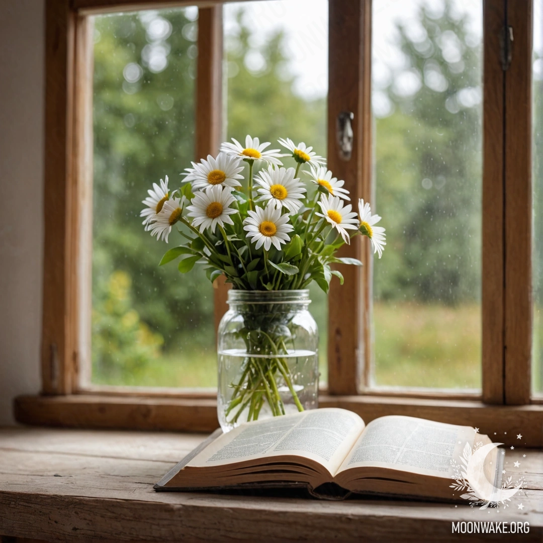 A shabby wooden windowsill featuring a jar with a bouquet of daisies and an open book illuminated by fairy lights.