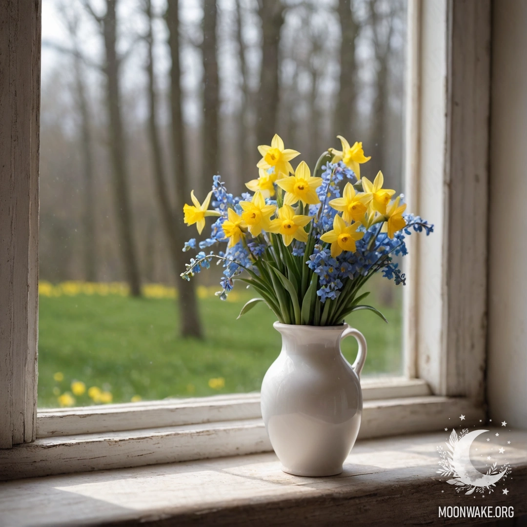 A shabby wooden window sill adorned with a white porcelain vase filled with daffodils and forget-me-nots, illuminated by a garland light.