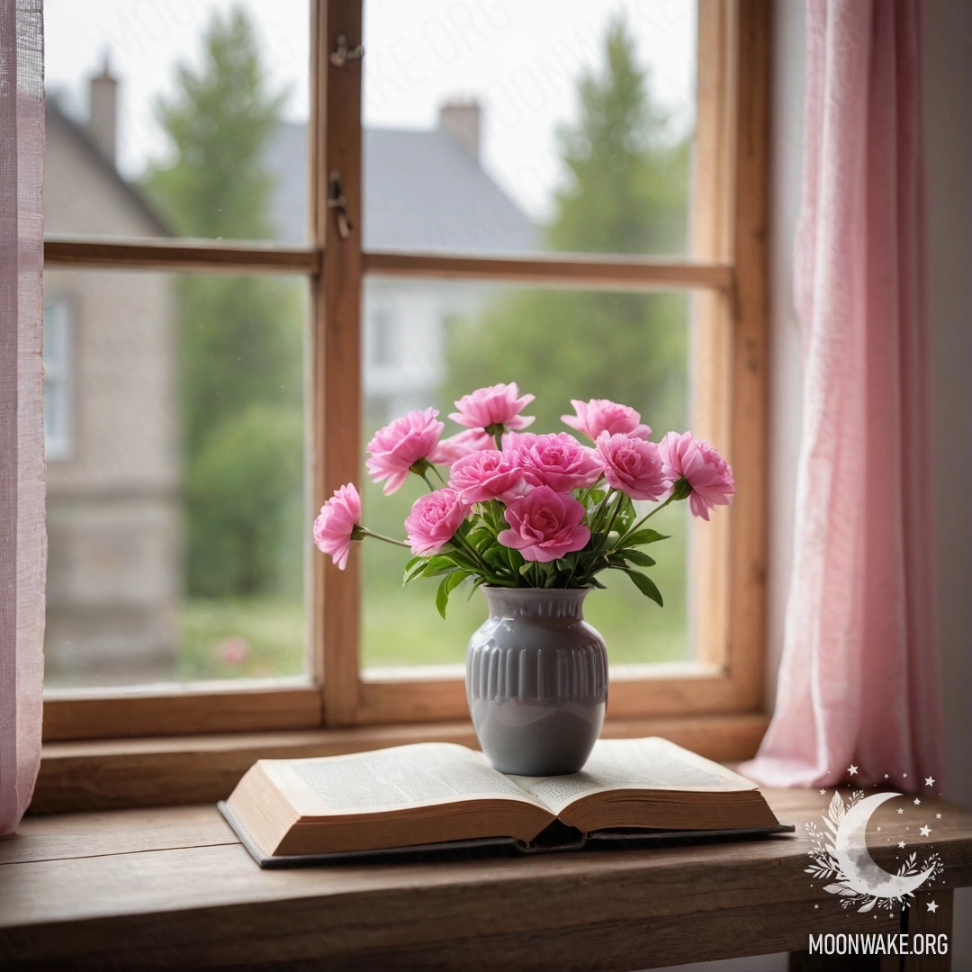 A photorealistic depiction of a wooden window sill with an old book, a gray vase containing pink flowers, and a pink curtain adorned with garland lights.