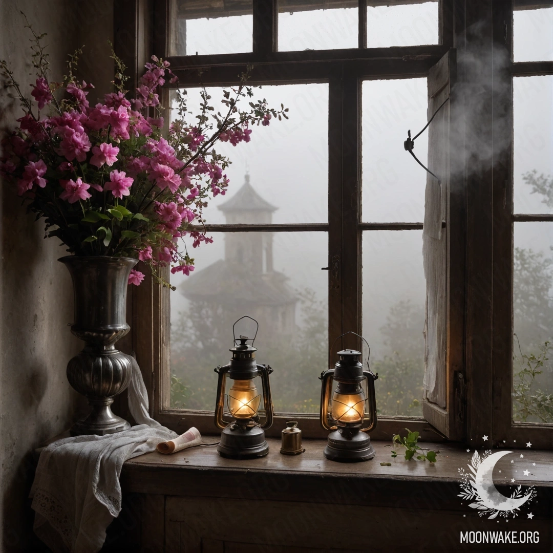 Minimalist Window with Pink Flowers A shabby wooden window with shutters, a kerosene lamp above, and a branch with pink flowers in the mist.