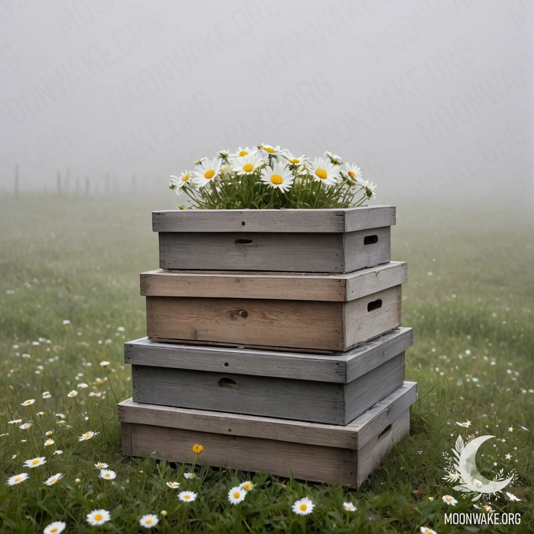 Minimalist Stack of Wooden Boxes with Daisies Two shabby wooden boxes stacked, topped with delicate daisies in a dense mist.