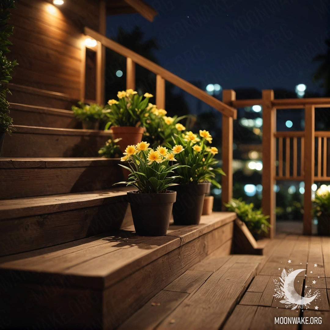 A photograph of a wooden staircase adorned with flowerpots at nighttime.