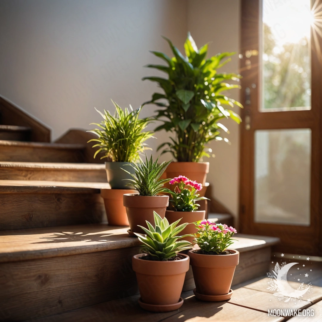 Minimalist Wooden Staircase with Flowerpots A wooden staircase adorned with flowerpots basking in sunlight.