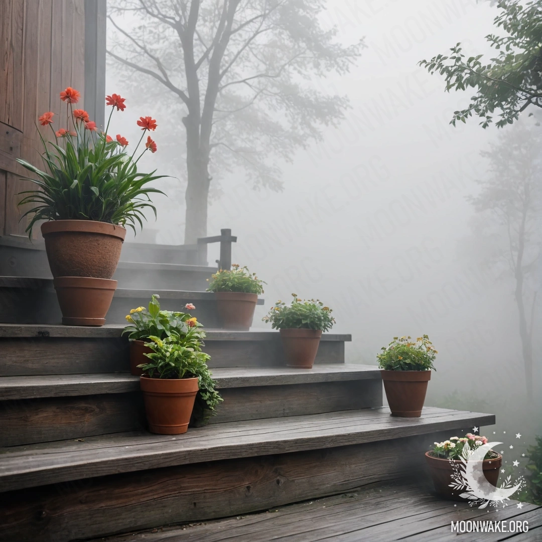 A wooden staircase adorned with flowerpots, enveloped in dense fog.