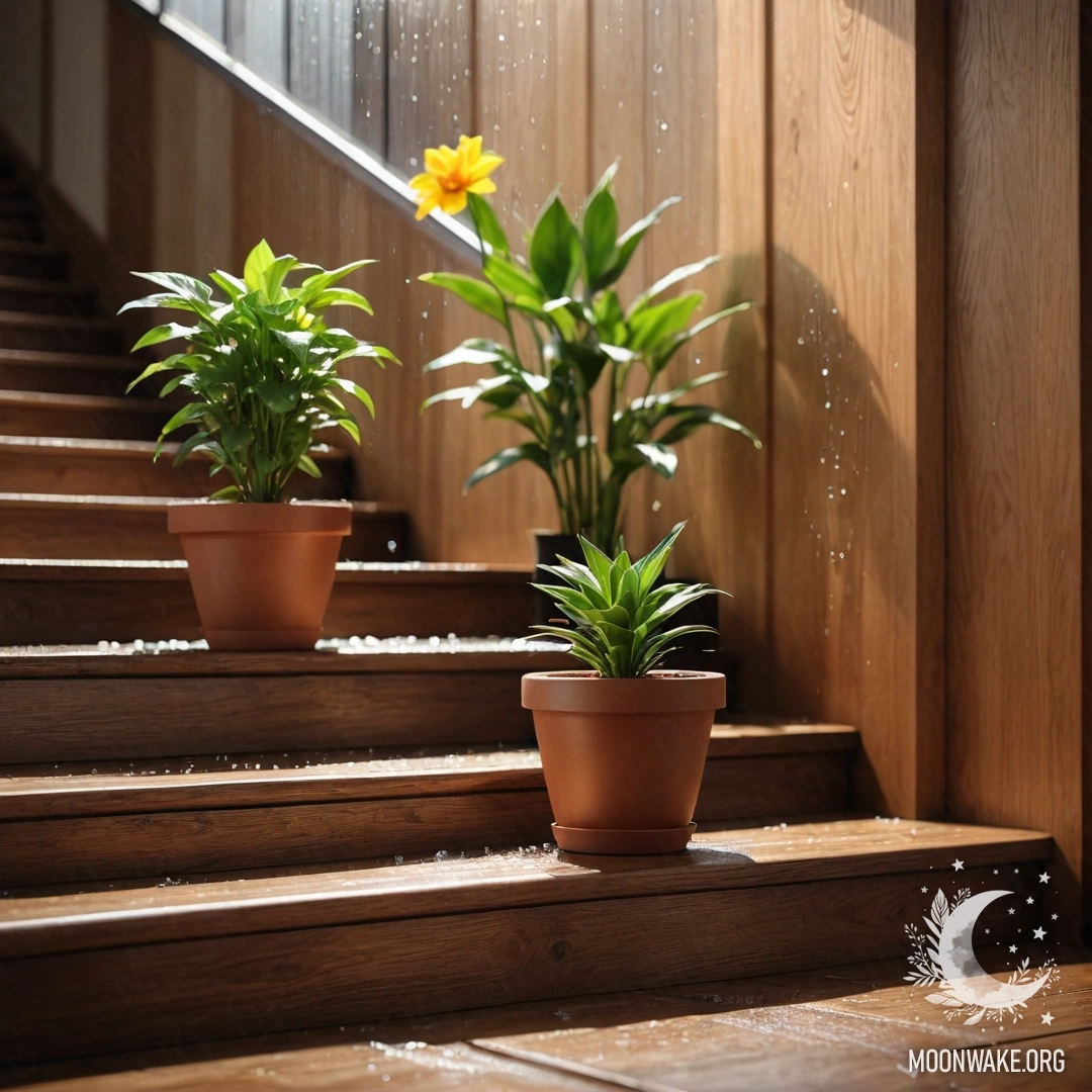 Minimalist Wooden Staircase with Flowerpots in the Rain A wooden staircase with flowerpots, drenched by rain, evoking a calm and serene atmosphere.