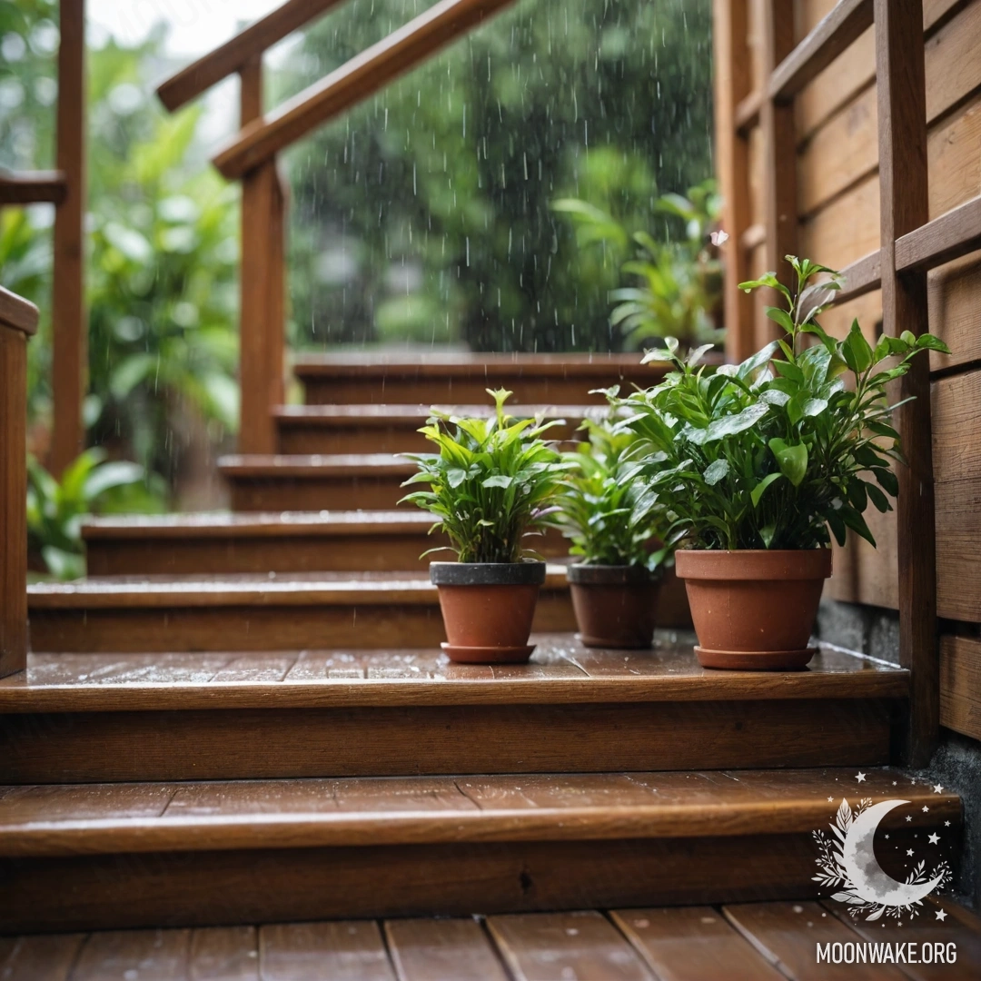 A wooden staircase featuring flowerpots placed underneath the rain.