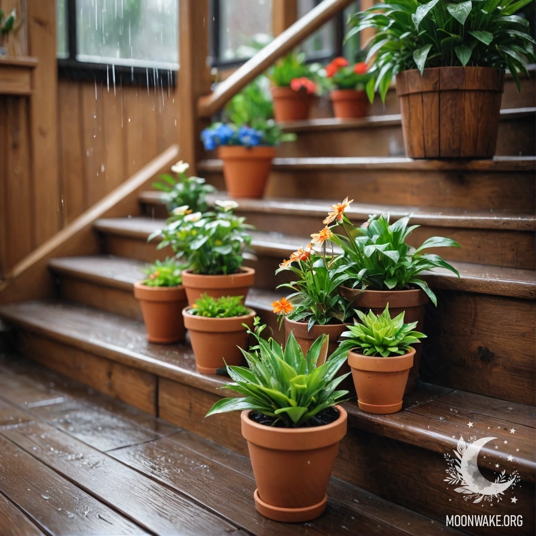 A wooden staircase adorned with flowerpots, wet from the rain.