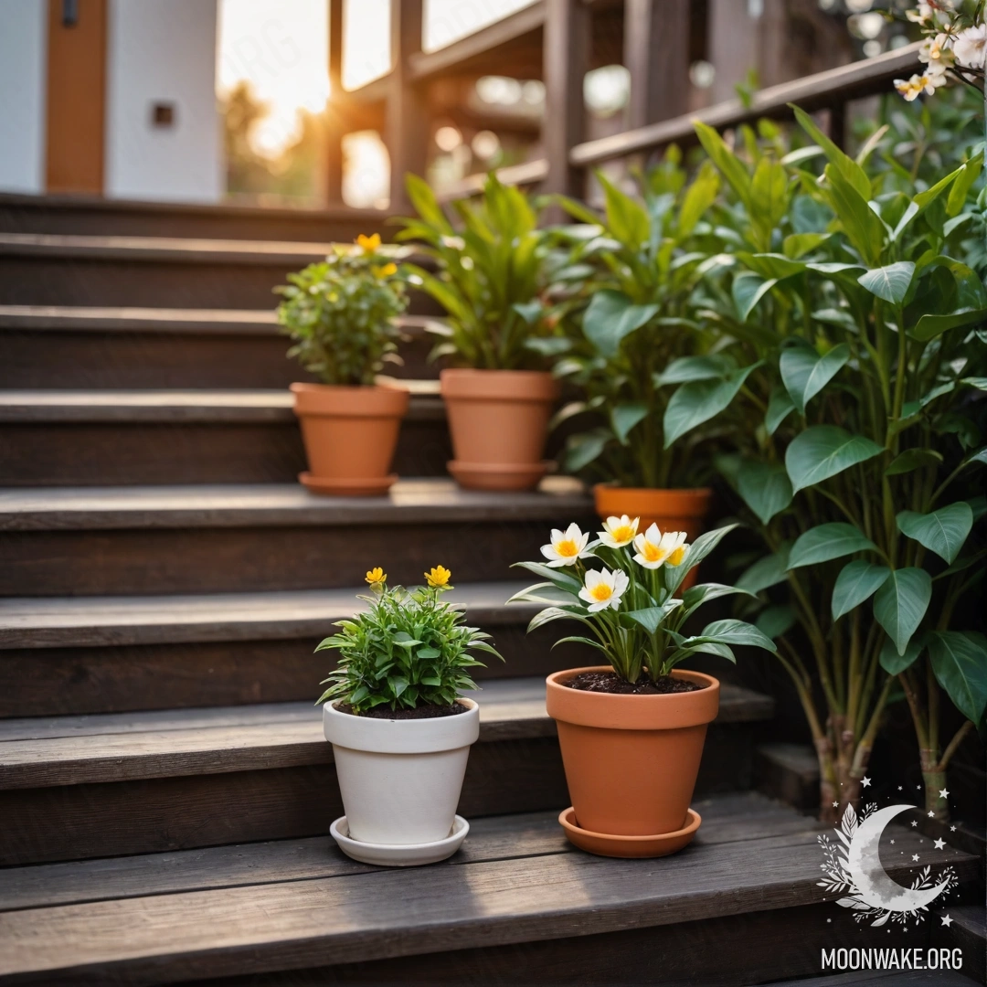 A wooden staircase adorned with flowerpots against a sunset backdrop.