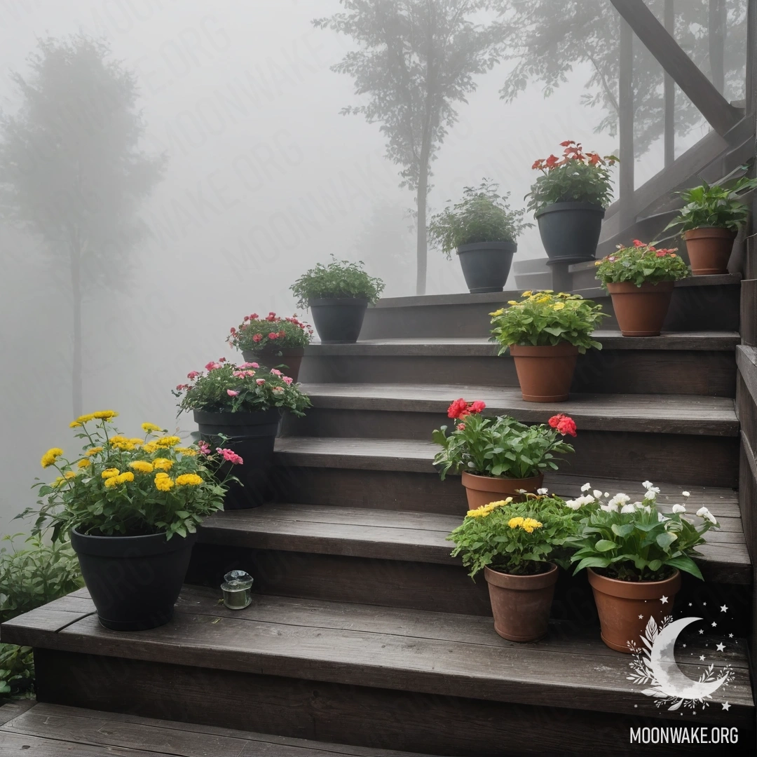 A wooden staircase surrounded by large flowerpots in heavy fog.