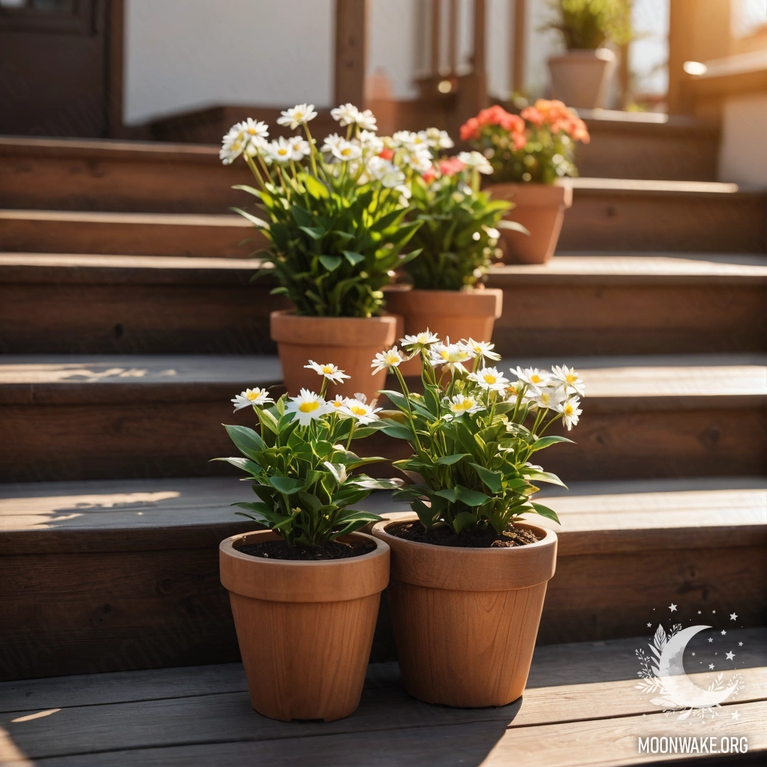 A minimalist wooden staircase adorned with flowerpots during sunset.