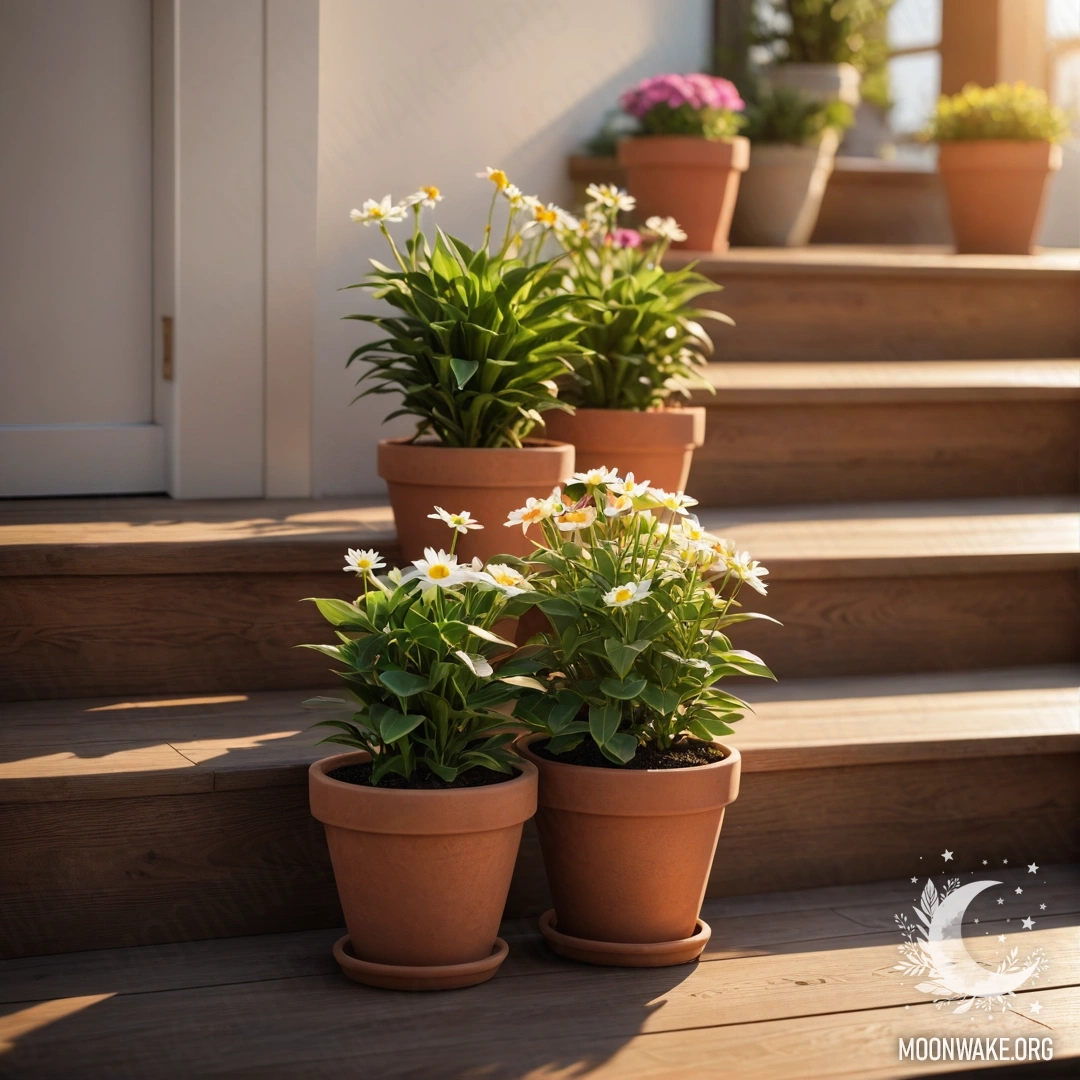 Minimalist Wooden Staircase at Sunset A wooden staircase adorned with flowerpots, illuminated by sunset light.