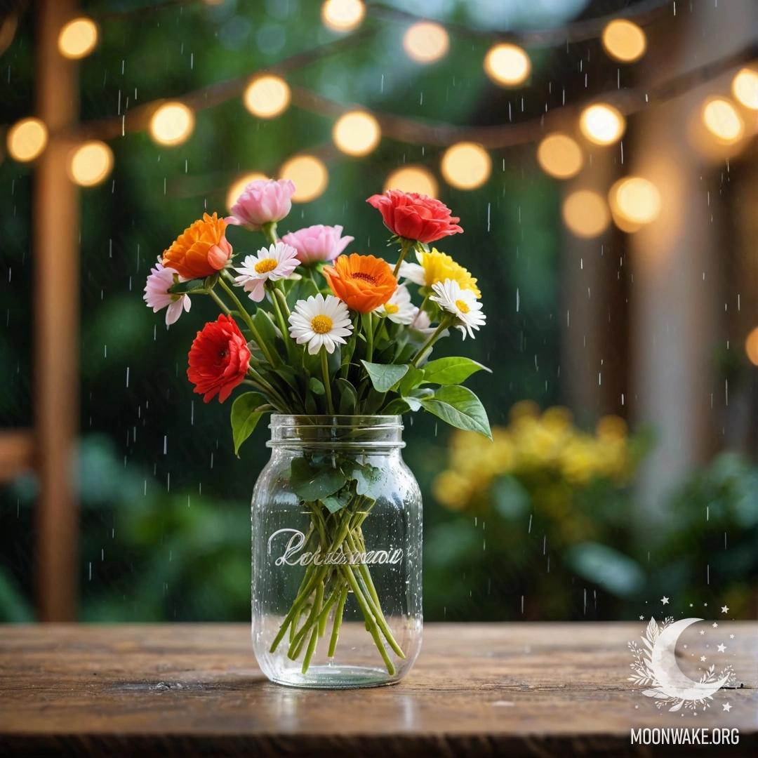 A shabby wooden table with a jar of flowers and a light bokeh background under the rain.