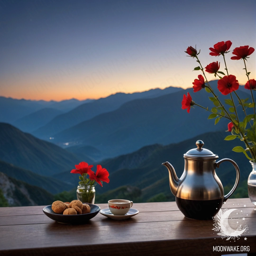 A minimalist wooden table at night with red flowers, coffee pot and cups, set against mountain backdrop.