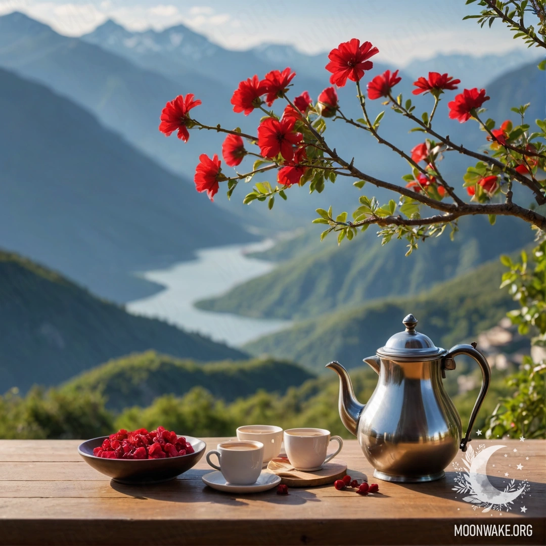 Minimalist Mountain Table with Red Flowers A minimalist wooden table with a jar of red flowers, a coffee pot, and cups illuminated by a garland, set against a mountainous background.