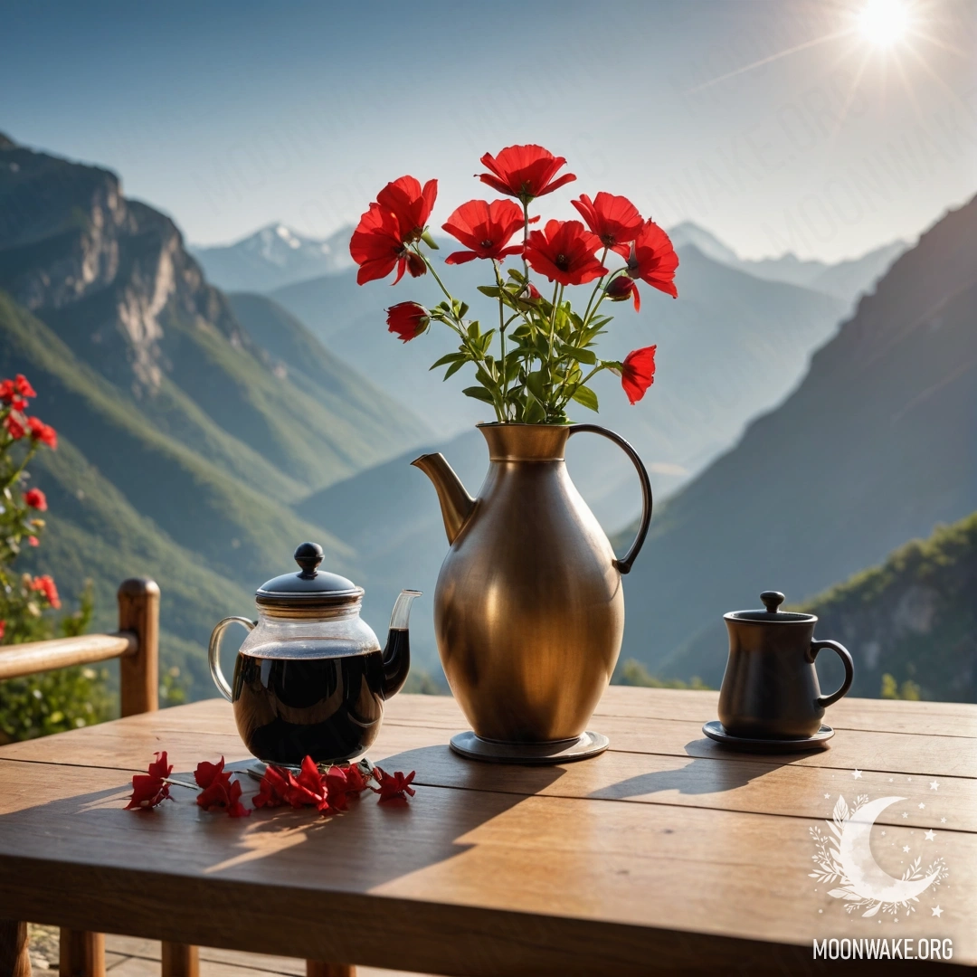 Minimalist Mountain Table with Flowers and Coffee A minimalistic wooden table with a jar of red flowers, coffee pot, and cups set against a mountainous landscape with sun rays pouring in.
