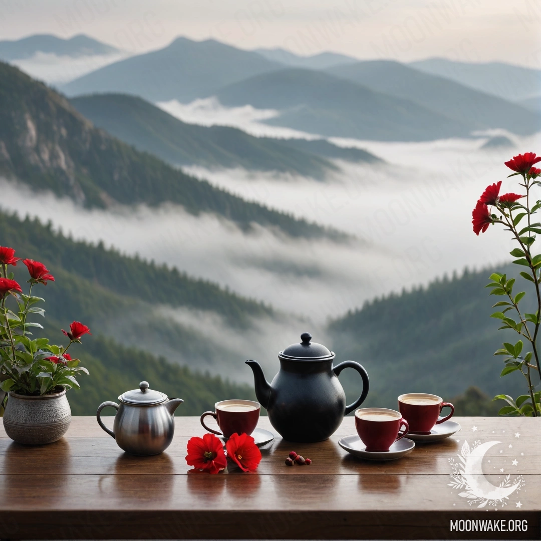 A wooden table with a jar of red flowers, a coffee pot, and cups set against a misty mountain background.