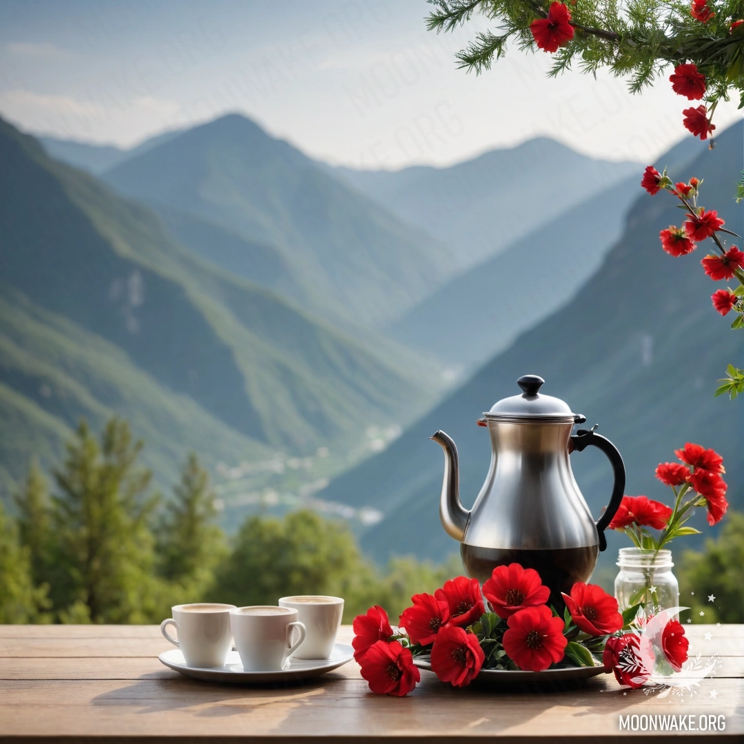 A minimalist wooden table set against mountains, with a jar of red flowers, a coffee pot, and cups illuminated by fairy lights.
