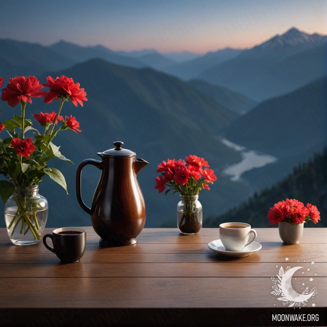 A photorealistic image of a wooden table with a jar of red flowers, a coffee pot, and cups, set against mountains at night.