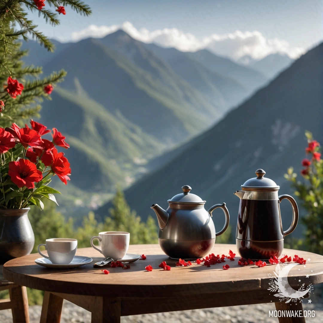 Minimalist Wooden Table with Red Flowers A minimalist wooden table with a jar of red flowers, a coffee pot, and cups, illuminated by garland lights against a mountain backdrop.