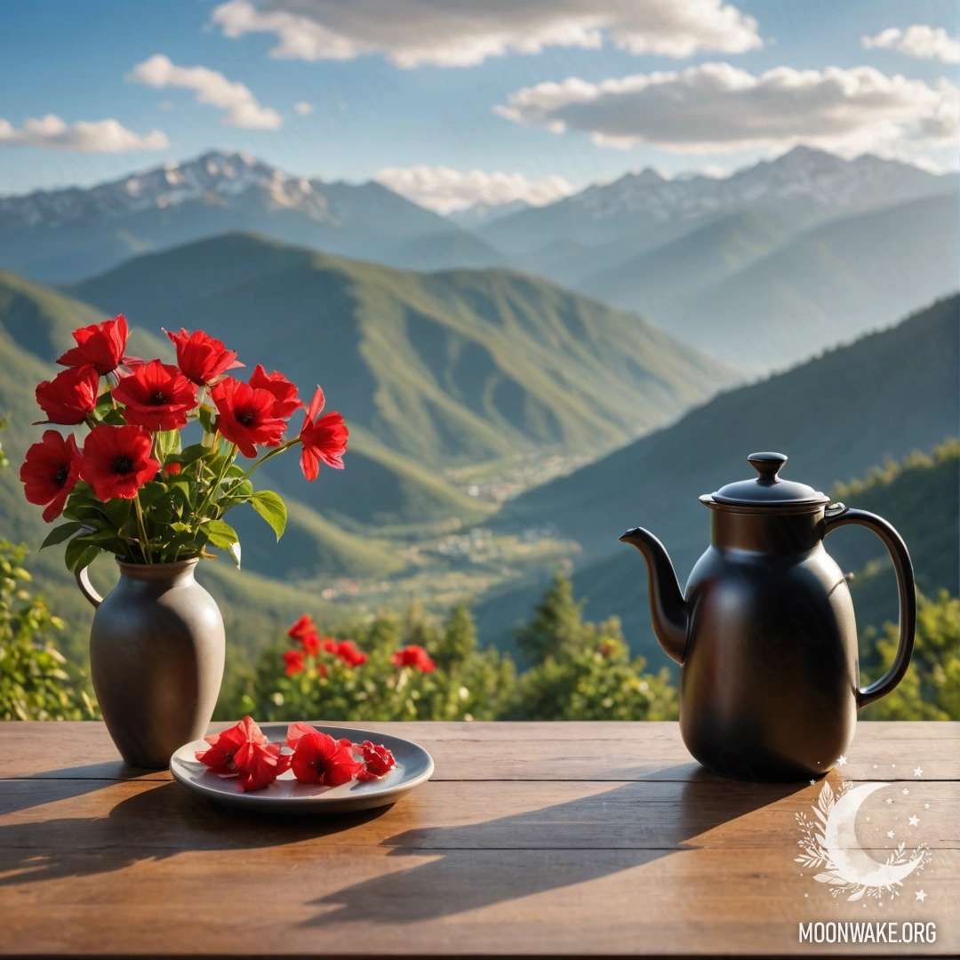 A minimalist wooden table against a mountain backdrop, adorned with a jar of red flowers, a coffee pot, and cups illuminated by sun rays.