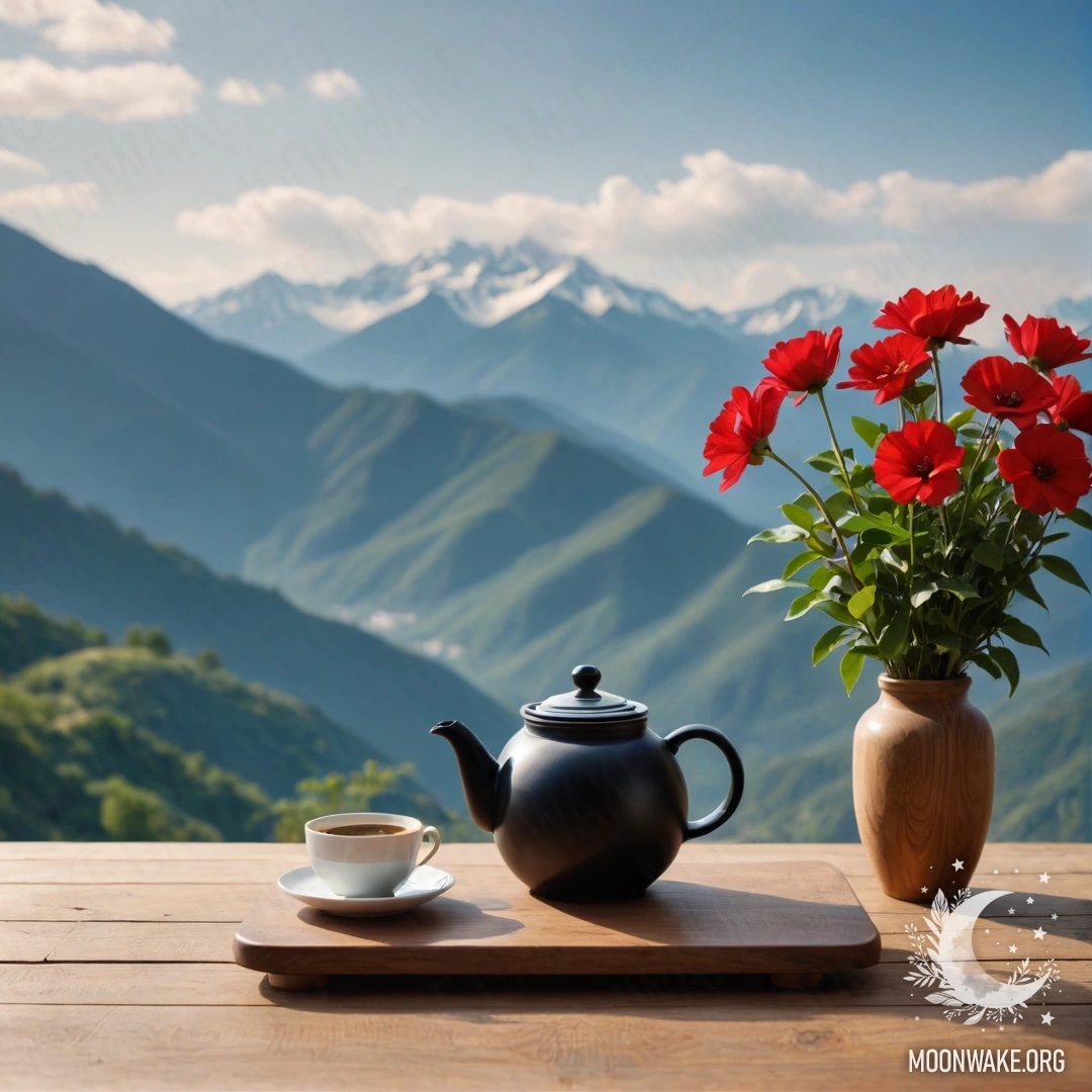 Photorealistic Still Life with Red Flowers and Mountains A minimalist wooden table with a jar of red flowers, a coffee pot, and cups, set against a mountain backdrop.