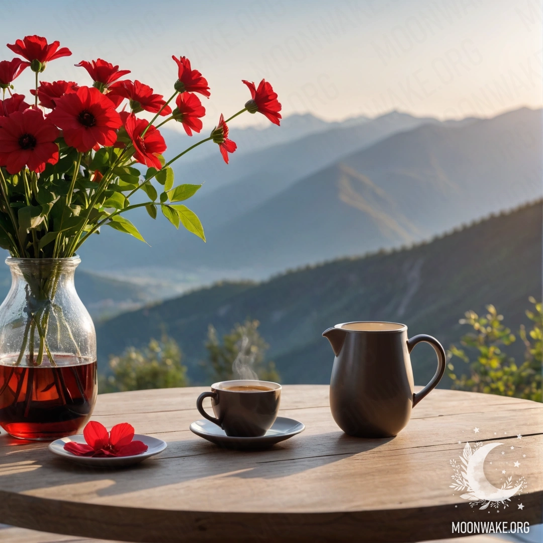 A wooden table with a jar of red flowers, coffee pot, and cups against a mountainous sunset backdrop.