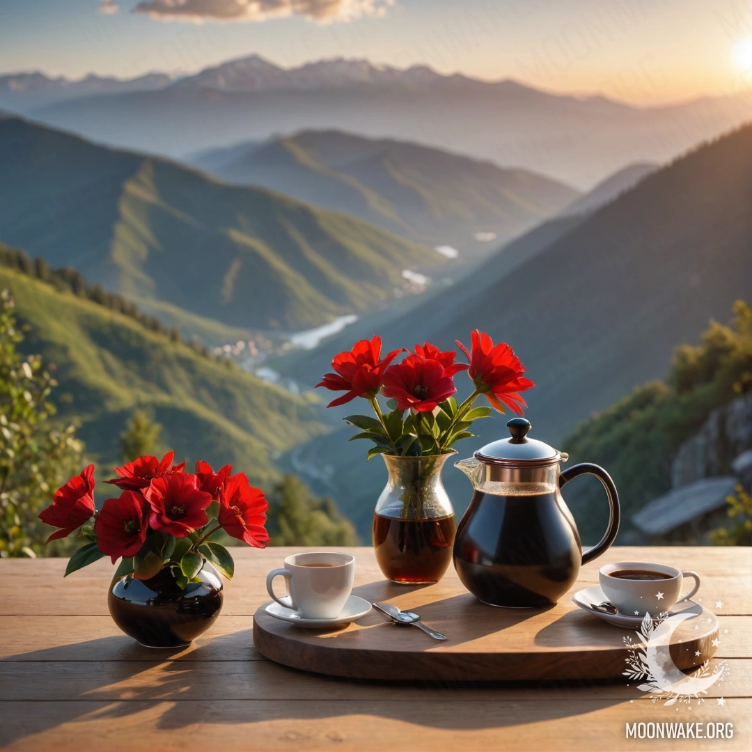 A wooden table set against a mountain backdrop, adorned with a jar of red flowers, a coffee pot, and cups during sunset.