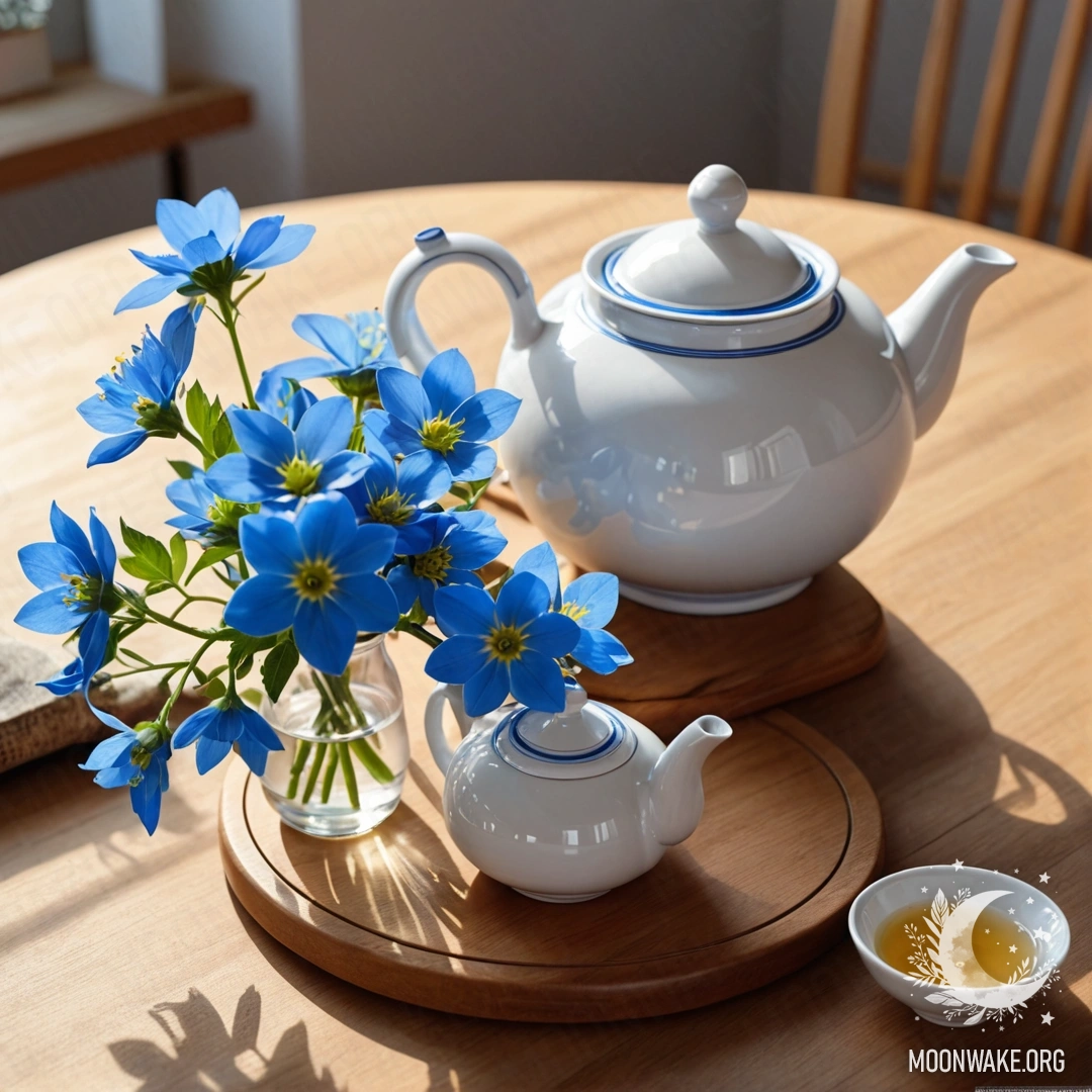 A round wooden table featuring a porcelain teapot adorned with blue flowers illuminated by sun rays.
