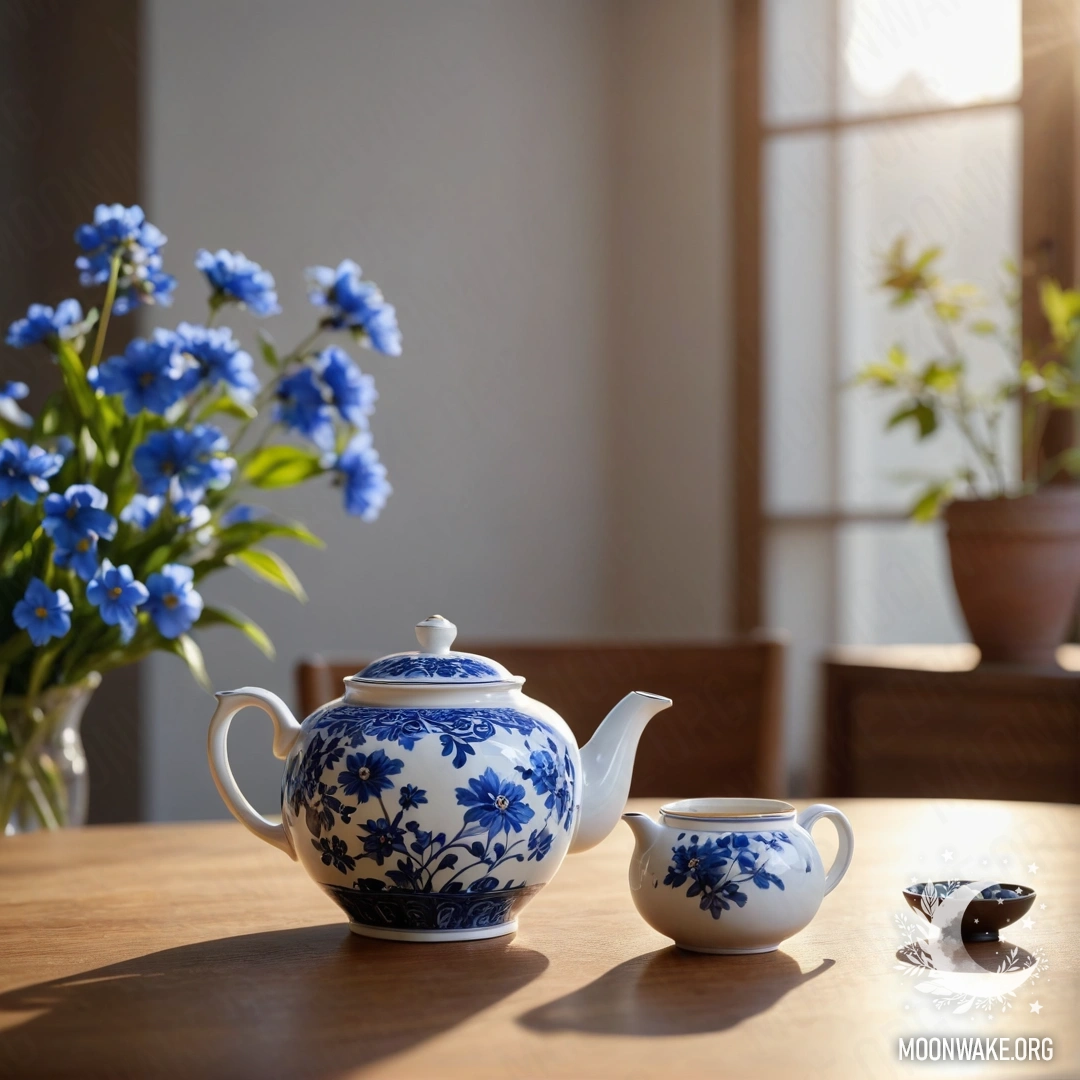 Minimalist Wooden Table with Teapot and Flowers A round wooden table adorned with a porcelain teapot containing blue flowers, illuminated by sun rays.