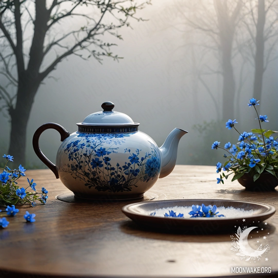 Minimalist Wooden Table with Teapot and Flowers A round wooden table with a porcelain teapot containing blue flowers, surrounded by dense mist and heavy fog.
