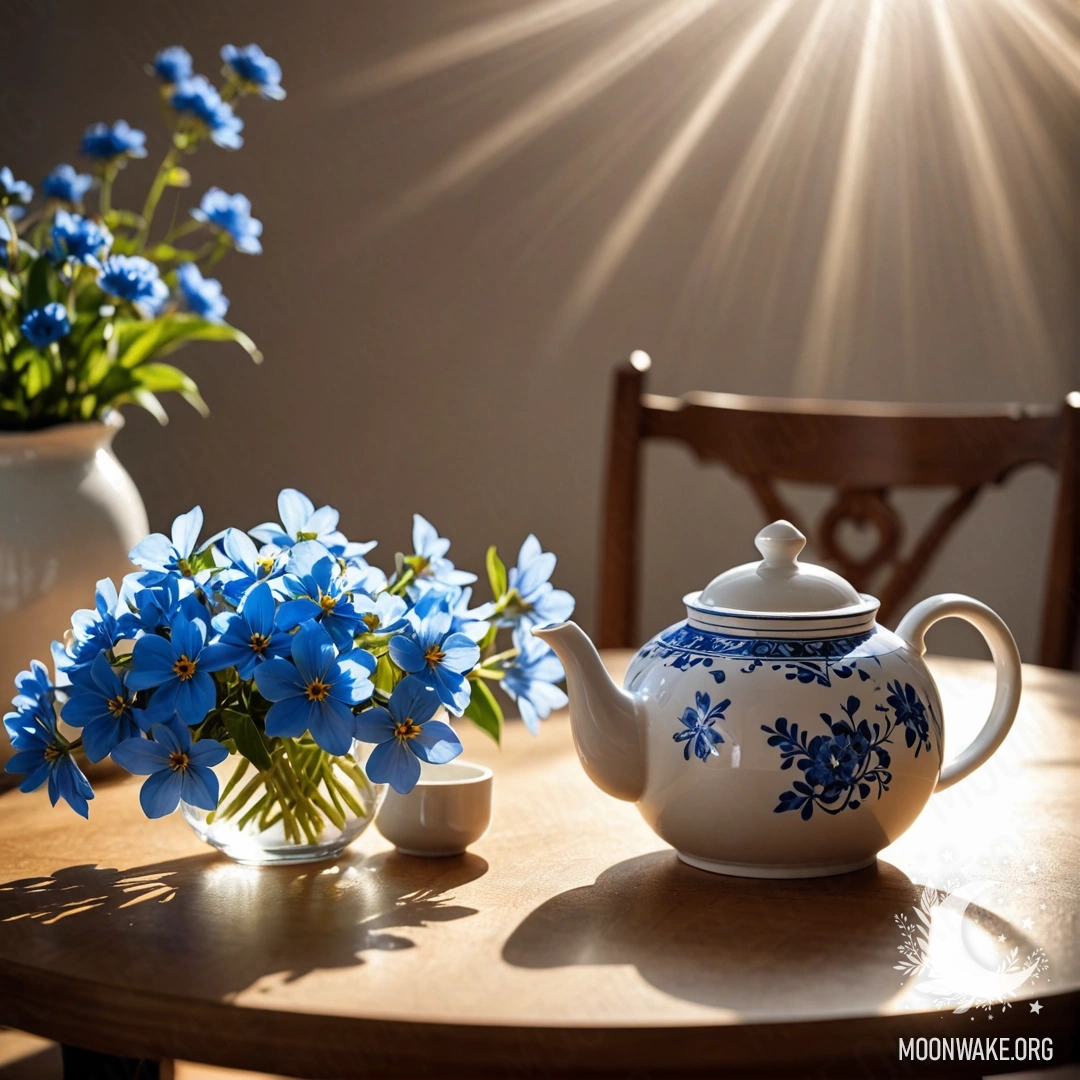Minimalist Wooden Table with Porcelain Teapot and Flowers A round wooden table holds a porcelain teapot adorned with blue flowers, illuminated by soft sun rays.