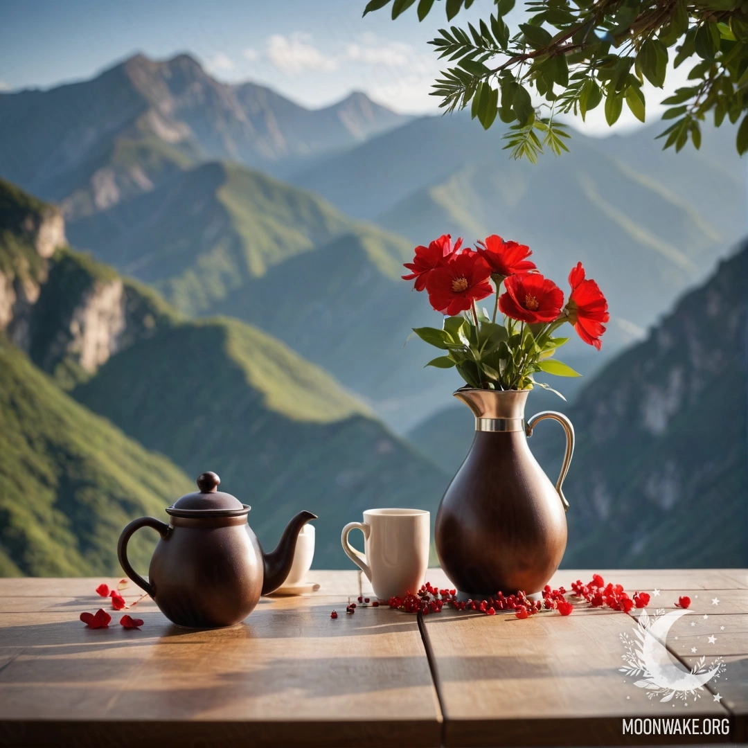 A minimalist wooden table with a jar of red flowers, a coffee pot, and cups adorned with garland lights, set against a breathtaking mountain backdrop.