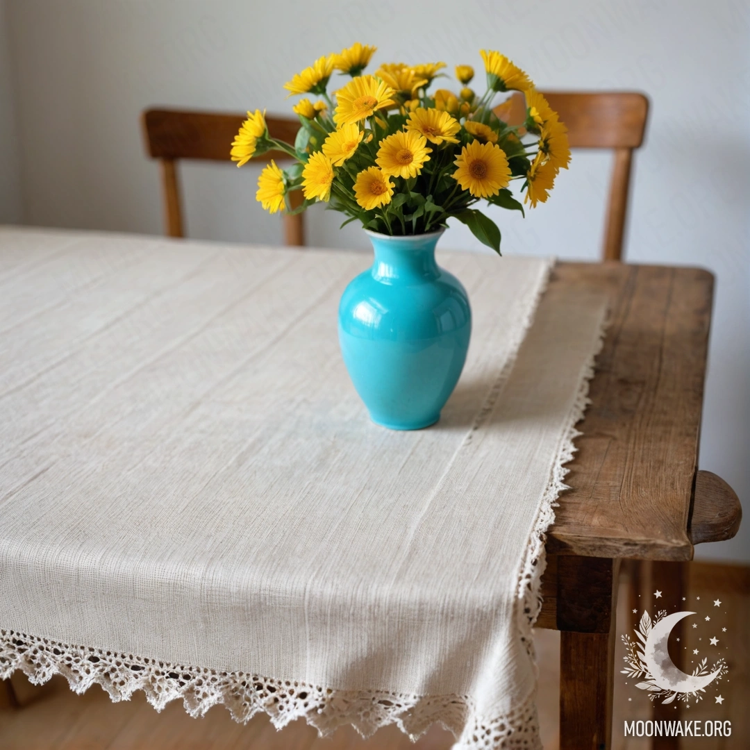 A rustic wooden table adorned with a white knitted tablecloth and a turquoise vase holding yellow flowers, softly illuminated by fairy lights.