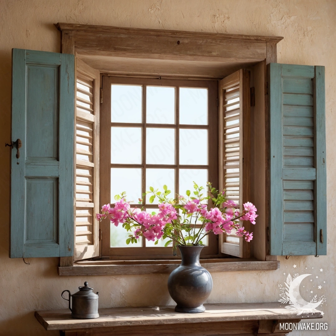 A shabby wooden window with shutters, a kerosene lamp, and pink flowers.