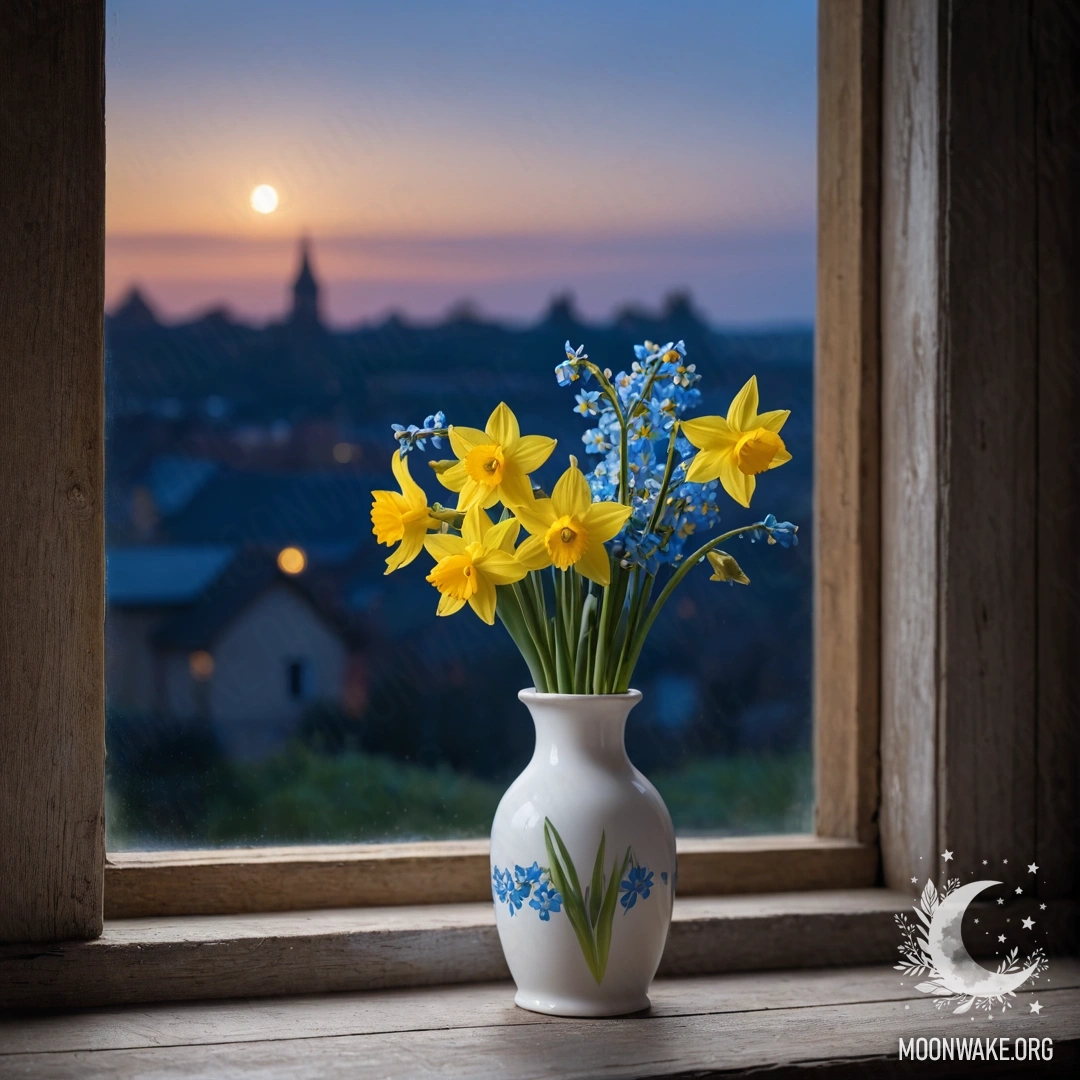 A wooden window sill featuring a white porcelain vase with daffodils and forget-me-nots, captured at night.
