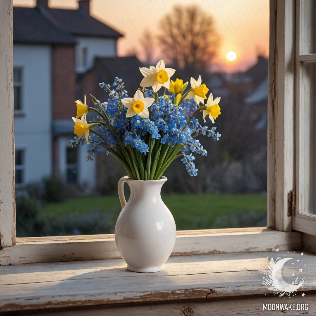 A shabby wooden window sill with a white porcelain vase holding daffodils and forget-me-nots during sunset.