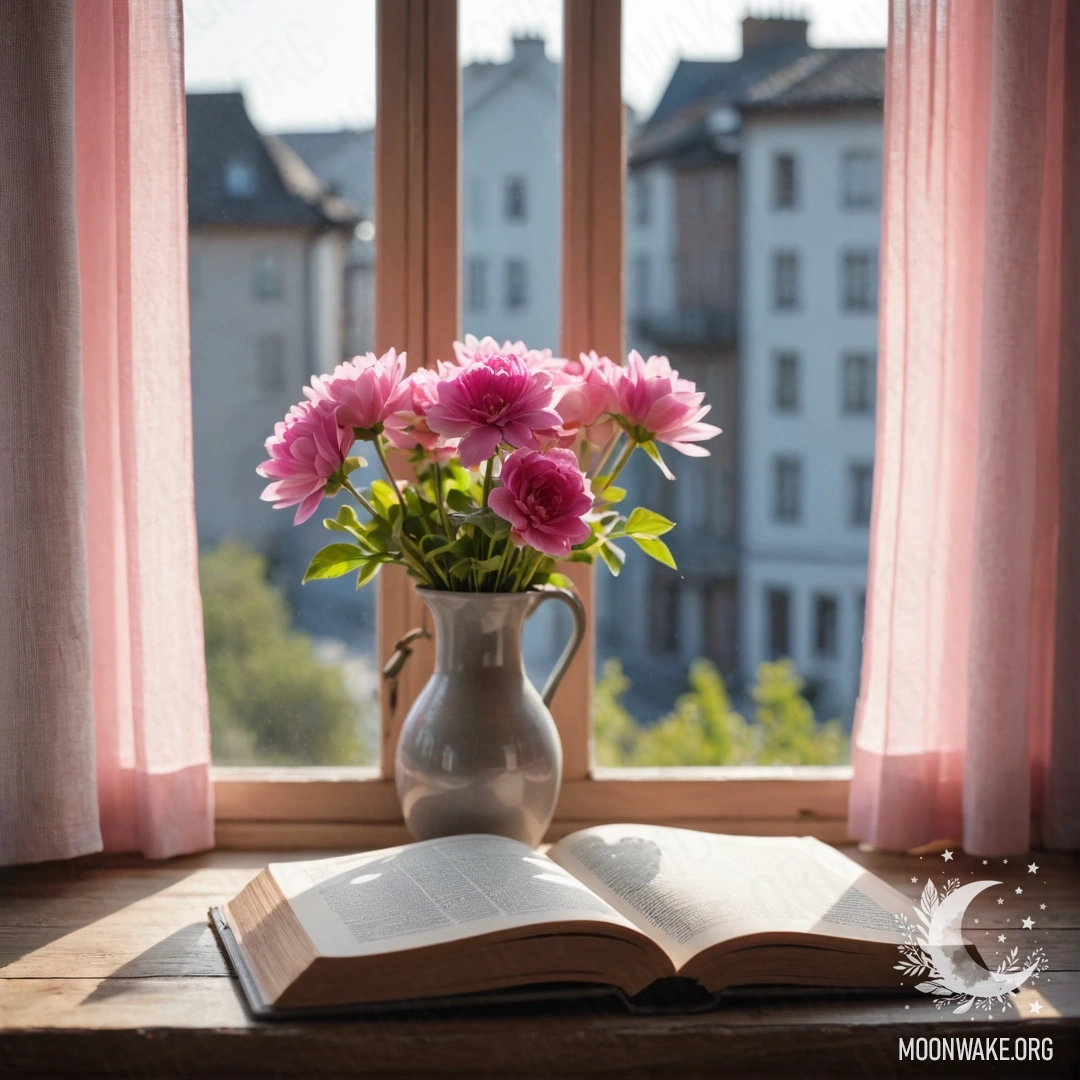 A wooden window sill with an old shabby book and a gray vase with pink flowers, illuminated by sun rays through a pink curtain.