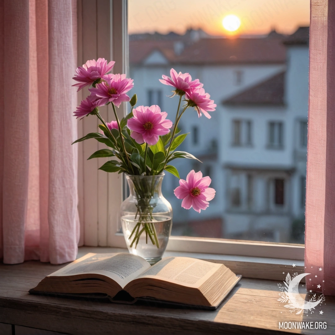 A wooden window sill with an old book and a gray vase holding pink flowers, lit by a sunset through a pink curtain.