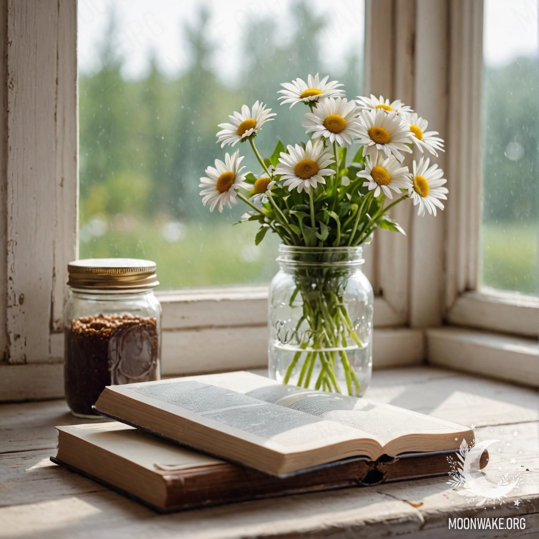 A shabby wooden windowsill with a jar of daisies and an open book with a lens.