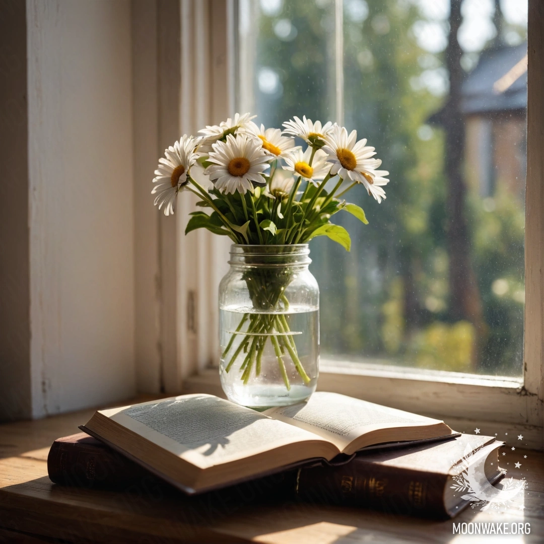 A shabby wooden windowsill with a jar of daisies and an open book illuminated by sunlight.
