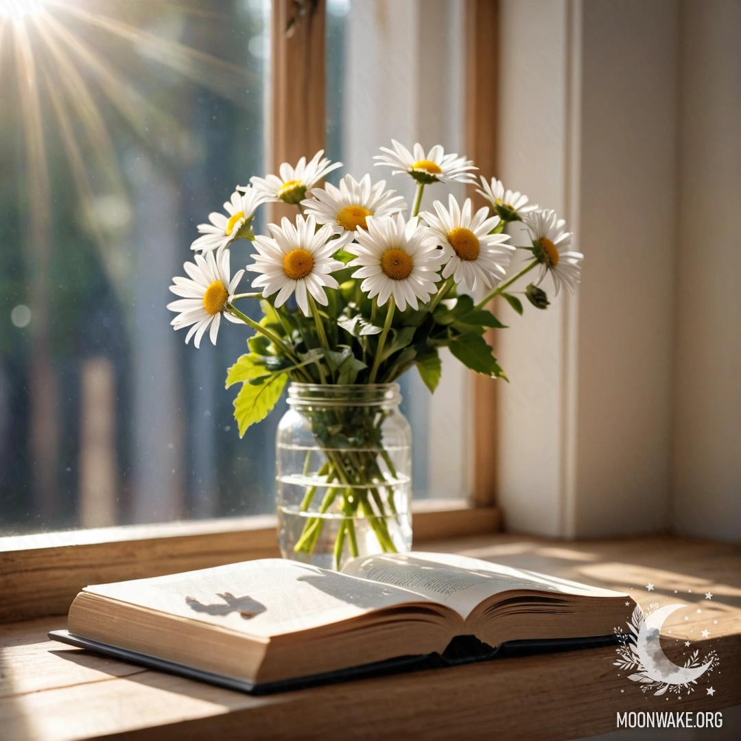 A shabby wooden windowsill with a jar of daisies and an open book bathed in sunlight.