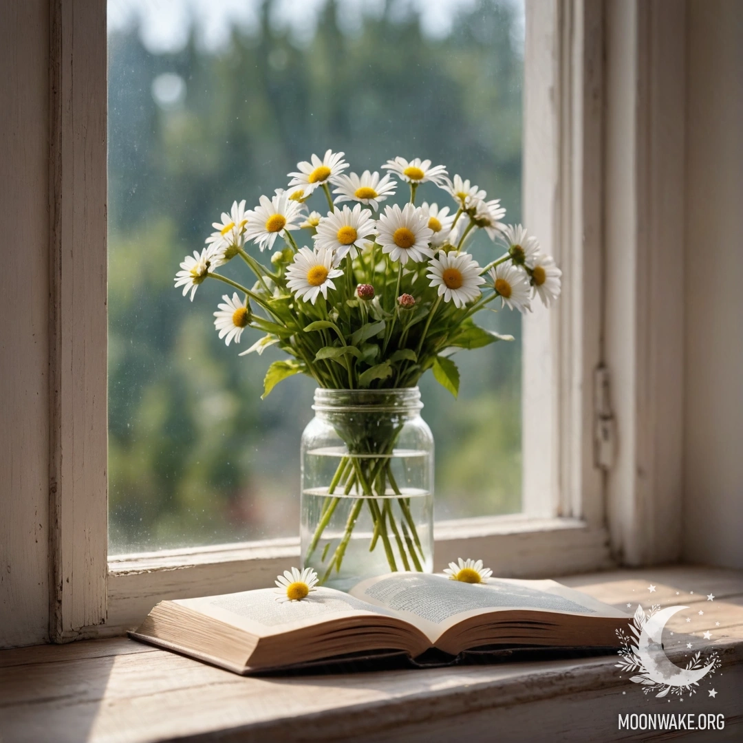 Minimalist Wooden Windowsill with Daisies A shabby wooden windowsill adorned with a jar of daisies and an open book, illuminated by garland lights.