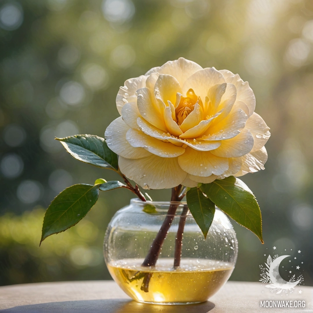 A minimalistic watercolor painting of a yellow camellia with dew drops in a vase, illuminated by sunny rays.