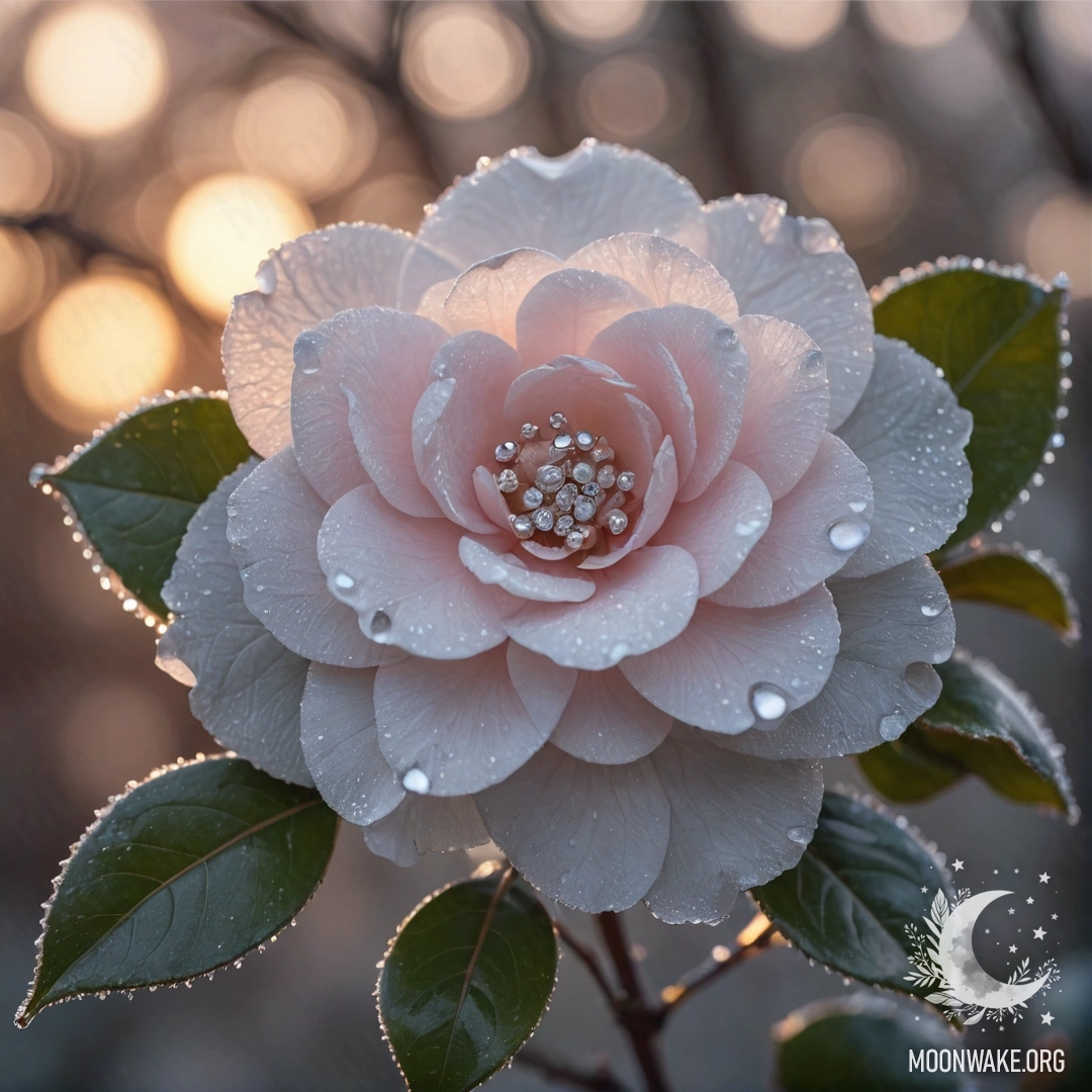 A delicate camellia flower covered in frost, glowing softly in pastel colors at sunset.