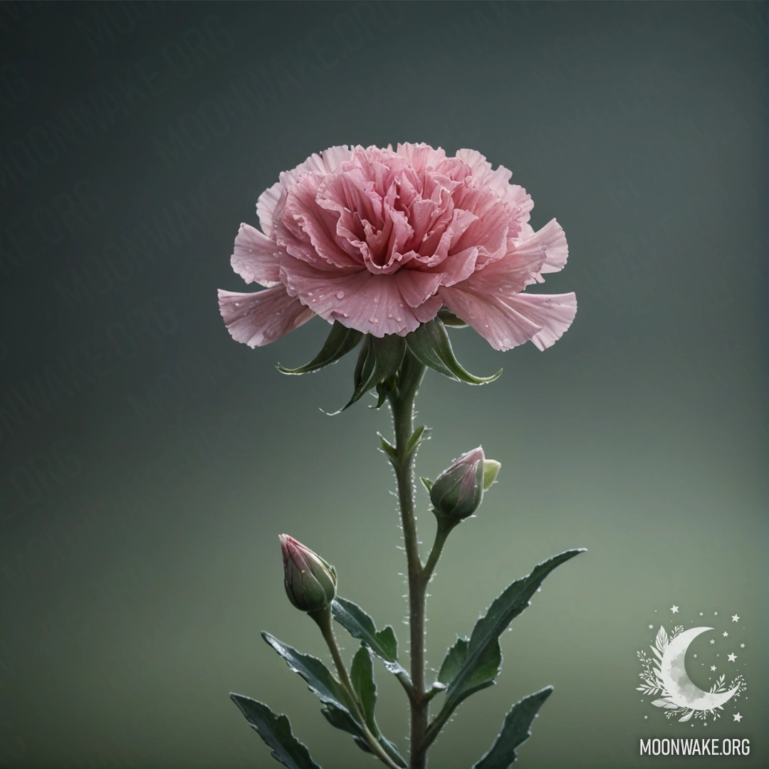 A delicate carnation blooming in the mist at night against a sage background.