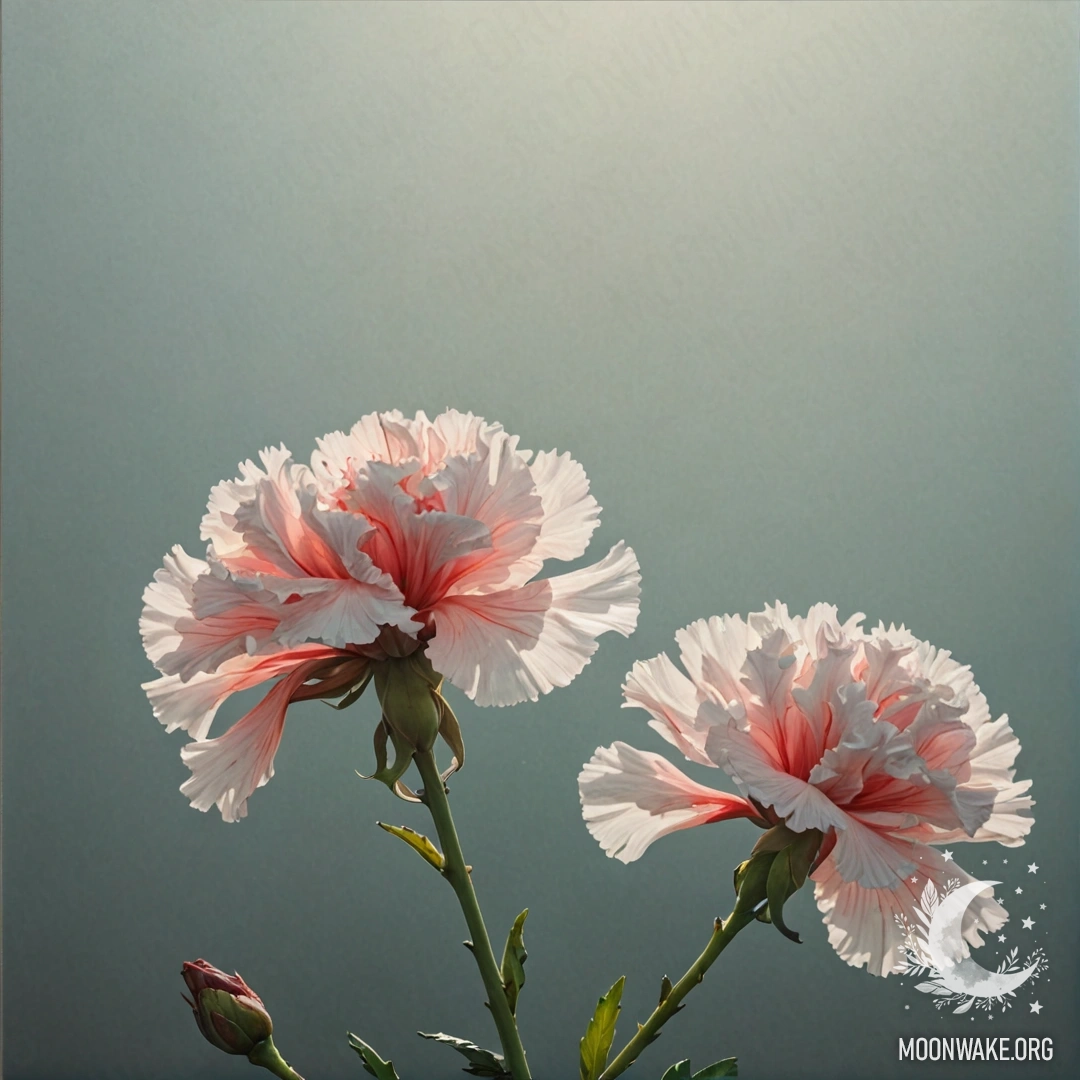 A mint-colored carnation emerges through a foggy landscape, illuminated by soft sunny rays and adorned with rhinestones.