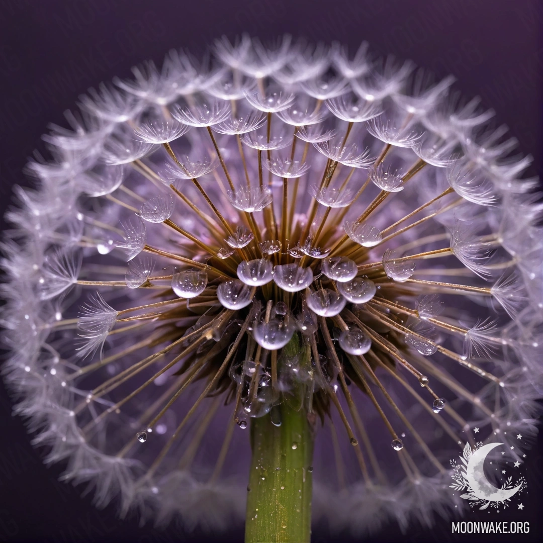 A close-up photograph of a dandelion with dew drops, showcasing patterns of purple color against a dimly lit night background.