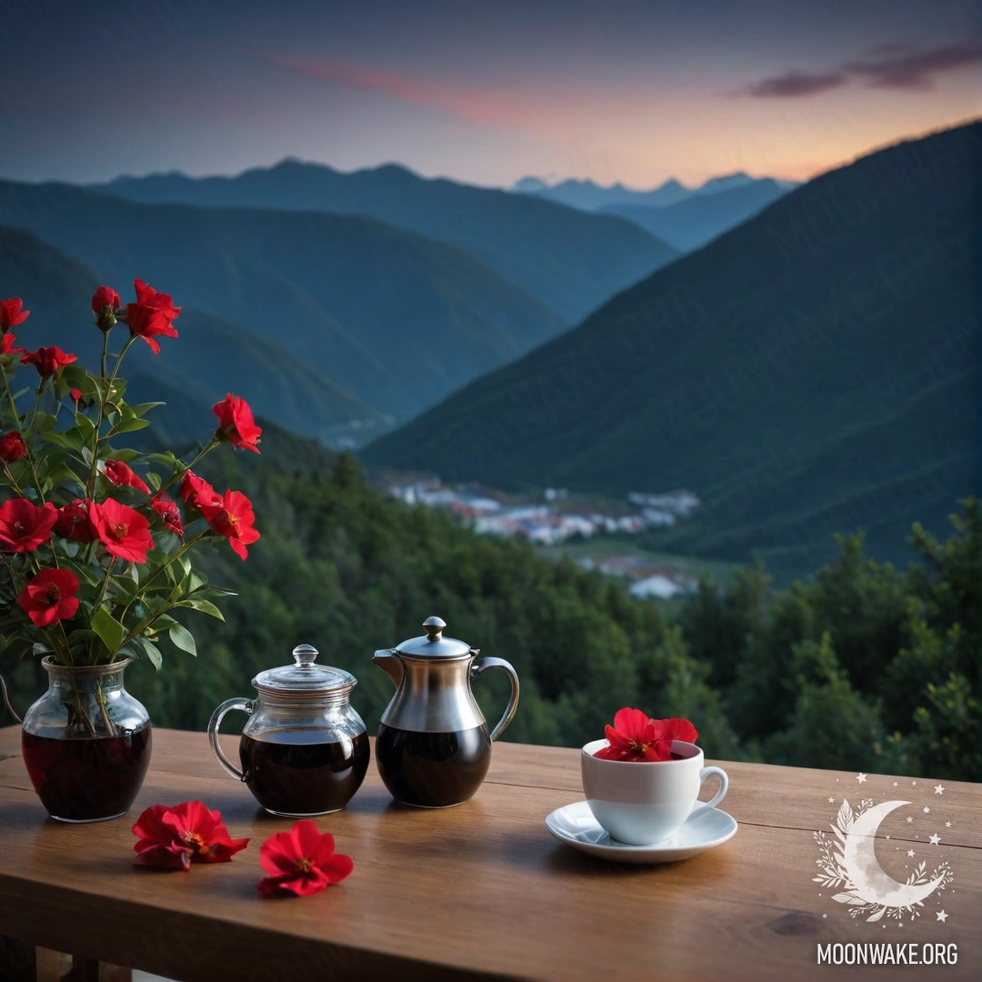 Minimalistic Evening Table with Flowers A wooden table with a jar of red flowers, coffee pot and cups in a night mountain setting.