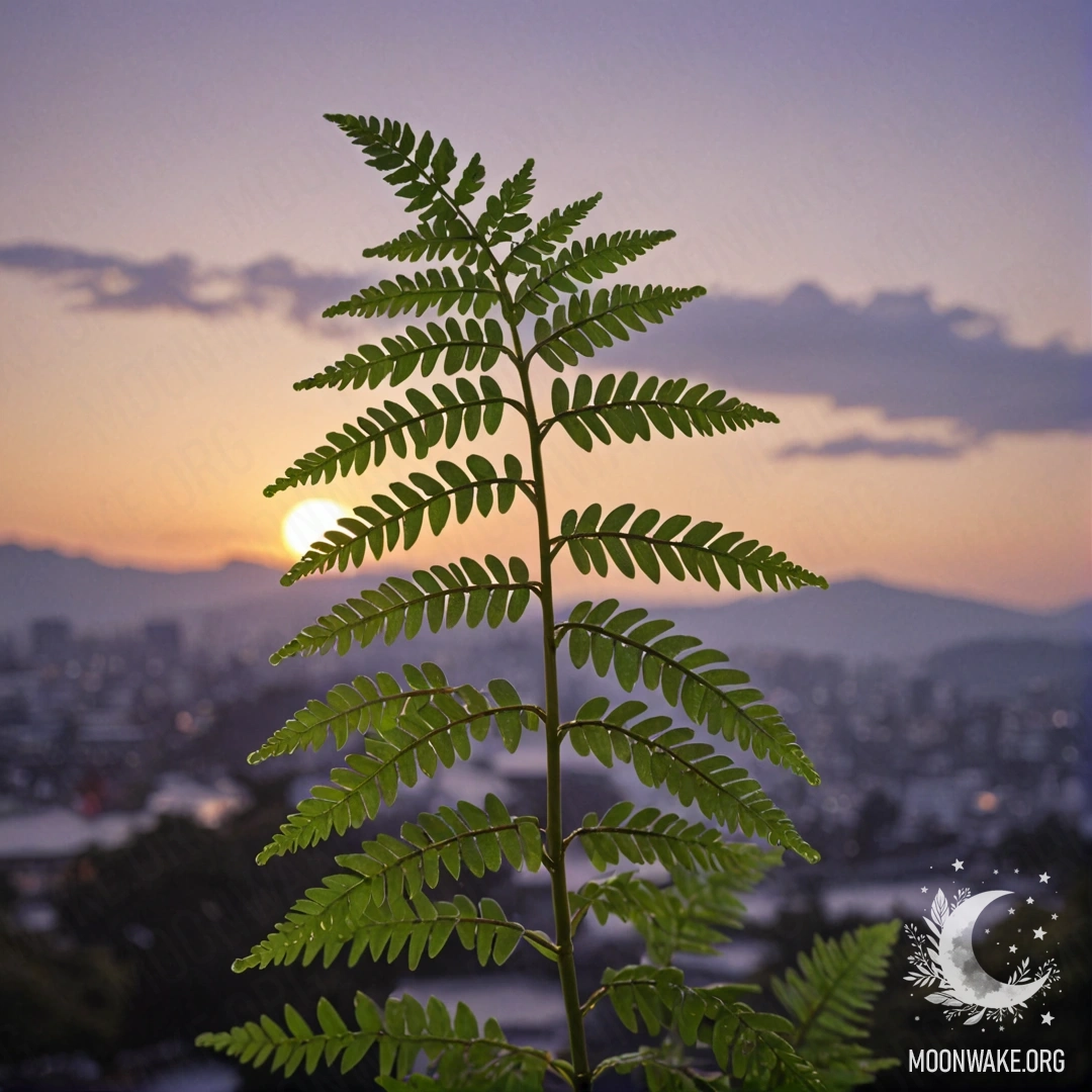 Minimalistic Fern with Dew Drops at Sunset A delicate fern adorned with dew drops against a purple sunset background.