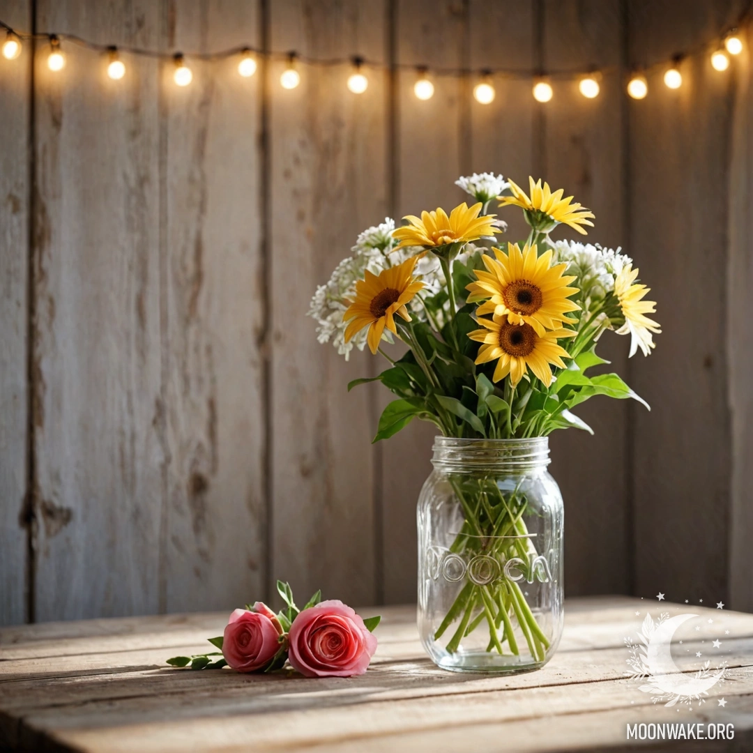 A rustic wooden table with a jar of flowers and a soft bokeh background.